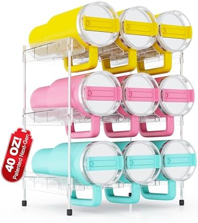 Reusable Stackable with Handle Compartment Water Bottle Tumbler Organizer for Stanley 40oz with Handle Cup, Stanley Accessories for Pantry, Cabinet & Kitchen Organization and Storage,3 Tier Hold 9