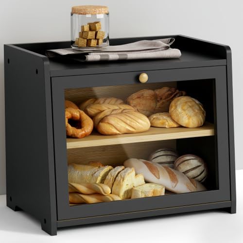 Goozii Bread Box for Kitchen Countertop, 2 Tier Large Breadbox Modern Black