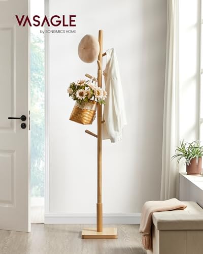 VASAGLE Solid Wood Coat Rack, Free Standing, 8 Hooks, 3 Height Options