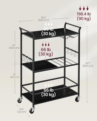 VASAGLE Bar Cart with Wheels, Drink Cart with Wine Rack and Glass Holder