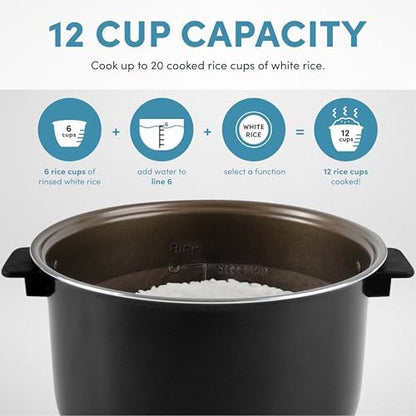 AROMA® 6-Cup (Uncooked)/ 12-Cup (Cooked) Slow Cook Rice Cooker and Brown Rice Cooker with Lift-Out Pot Handles and Silicone Storage Lid, PFAS-Free Ceramic Coating