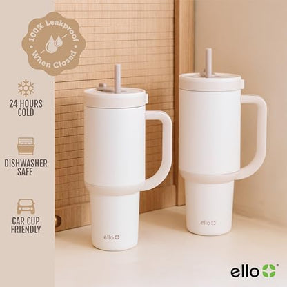 Ello Oasis 40oz Insulated Stainless Steel Tumbler with Straw, Cream Tonal