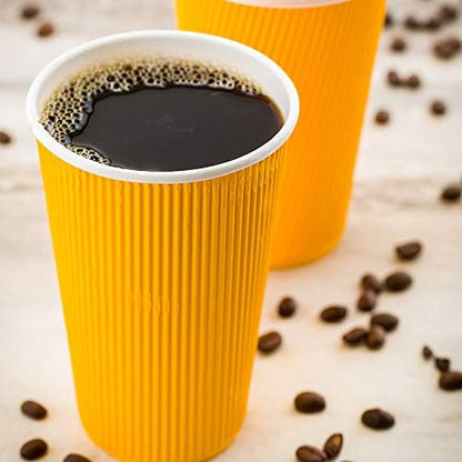 Restaurantware Ripple Wall Coffee Cups 250 Count 20 Ounce Insulated Yellow Paper Cups, Rolled Rim Spill-Resistant Disposable Paper Non-Slip for Coffee, Beverages