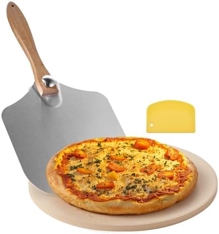 VEVOR Pizza Stone, 15 in Round Pizza Stone, 0.67 in Large Cordierite Baking-Stone with Metal Peel, Scrape, 1450℉ Heat-Resistant Cooking Stones, for Kitchen Oven, Baking Pizzas, BBQ Grill