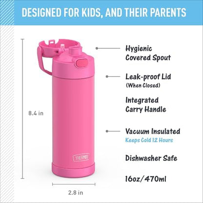 THERMOS FUNTAINER 16 Ounce Stainless Steel Vacuum Insulated Bottle with Wide Spout Lid,Neon Pink,(Pack of 6)