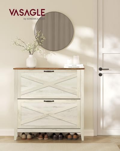 VASAGLE Farmhouse Shoe Cabinet, Narrow Storage Organizer, 2 Flip Drawers