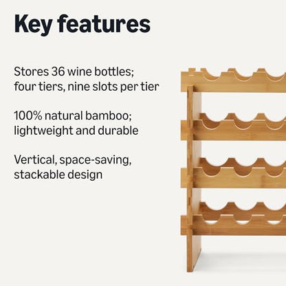 Amazon Basics Stackable Bamboo Wine Rack, 36 Bottle Capacity, Easy to Assemble