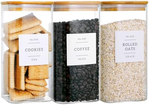 CZZGSM 3 Pack Square Glass Kitchen Storage Jars with Airtight Bamboo Lids and 132 Pantry Labels - 54oz Glass Canisters with Wood Lids - Food Storage for Sugar, Rice, Pasta, Cereal