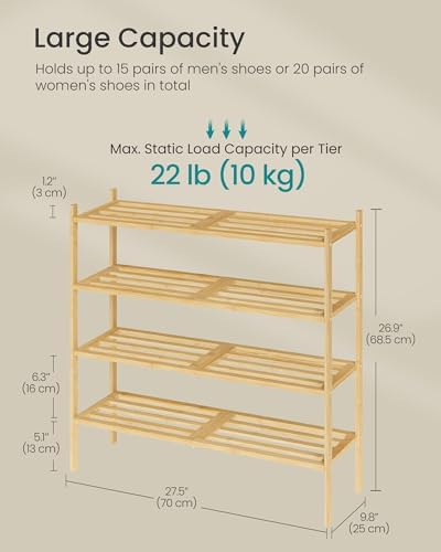 SONGMICS Bamboo Shoe Rack, 4-Tier Stackable Shoe Organizer, for 15-20 Pairs