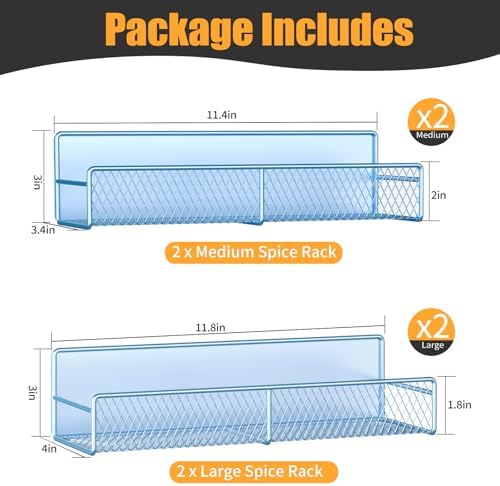 DTUQYX Magnetic Spice Rack for Refrigerator, 4 Pack 100% Metal Strong Magnet Fridge Shelves, Space Saving Spice Organizer, No Drilling Moveable Home Kitchen Laundry Room Storage Organization, Blue