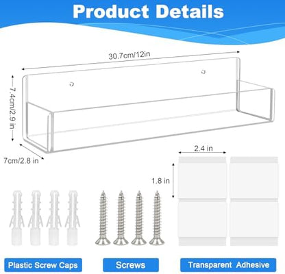Acrylic Spice Rack Wall Mount-12 Inch, Clear Spice Shelf Storage Holder, 4 Pack Hanging Seasoning Rack Organizer for Cabinet Door, Cupboard or Wall Kitchen (Adhesive or Screw)