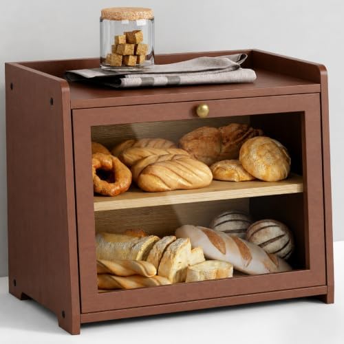 Walnut Brown Bread Box 2 Tier, Double Layer Breadbox for Kitchen Countertop