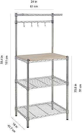 Amazon Basics Kitchen Storage Baker's Rack with Removable Wood Top, Chrome/Beige, 24"W x 59"H x 18"D