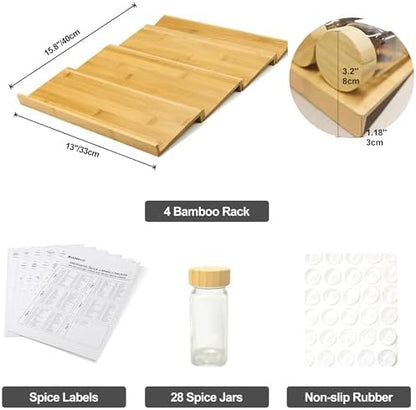 Spice Drawer Organizer with 28 Bamboo-lidded Spice Jars and 216 Labels,Non-slip Rubber, Bamboo 4 Tier Spice Racks Tray Seasoning Containers for Kitchen Drawers,Cabinets,13" Wide * 15.8" Deep