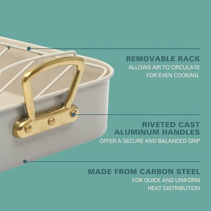 Gibson Home Broxton 2-Piece Nonstick Roaster Pan with Rack – 16 x 12 Inch Taupe Turkey Roasting Pan with Cast Aluminum Gold Handles – Oven-Safe, Easy-Clean, Holiday Cookware