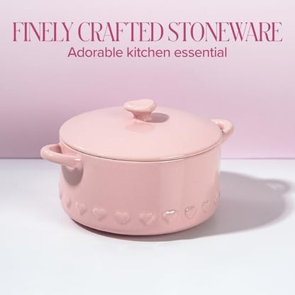 Paris Hilton Iconic Ceramic Stoneware Casserole Dish With Lid, Oven Safe Up To 450°F, Dishwasher & Microwave Safe, 28oz, Pink with Embossed Heart Design