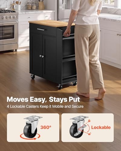 VEVOR Kitchen Island Cart with Storage, 31.3 in Wide Mobile Rolling Storage Island on Swivel Wheels, with Drawer, Storage Cabinet, Spice/Towel Rack, Table for Home Dining Room, Black