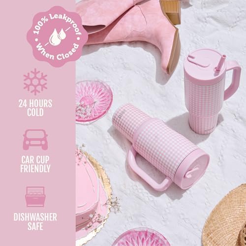 Ello Oasis 40oz Insulated Stainless Steel Tumbler with Straw, Pink Gingham
