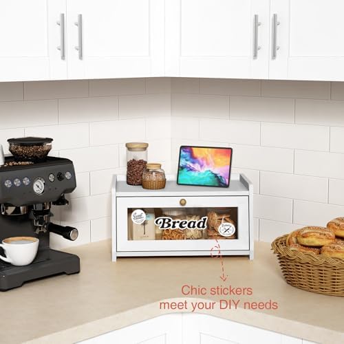 Goozii White Bread Box for Kitchen Countertop, Modern Counter Breadbox for Homemade Bread, Large Corner Bread Storage Container for Sourdough Loaf Organizers and Storage (White Bamboo Wood)