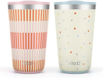 Ello 16oz Stainless Steel Stacking Cups with Lids, 2 Pack, Stripes & Dots