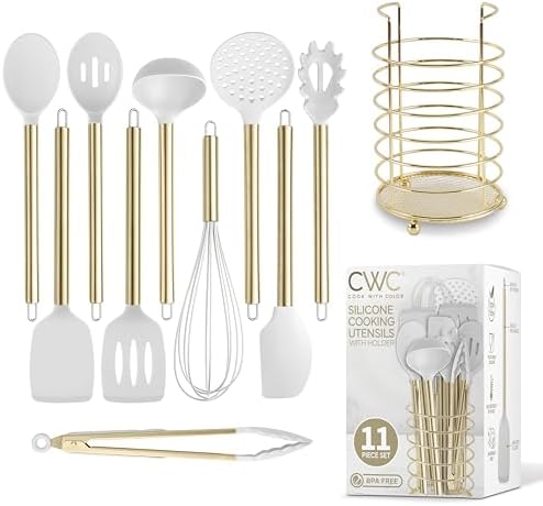 COOK WITH COLOR Silicone Cooking Utensils, Kitchen Utensil Set, Easy to Clean Silicone Kitchen Utensils, Cooking Utensils for Nonstick Cookware, Kitchen Gadgets Set with Holder, 11 Pieces