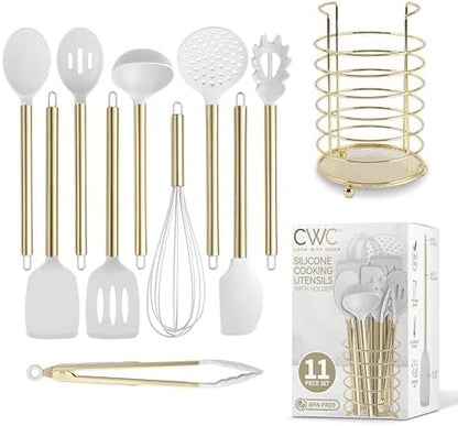 COOK WITH COLOR Silicone Cooking Utensils, Kitchen Utensil Set, Easy to Clean Silicone Kitchen Utensils, Cooking Utensils for Nonstick Cookware, Kitchen Gadgets Set with Holder, 11 Pieces