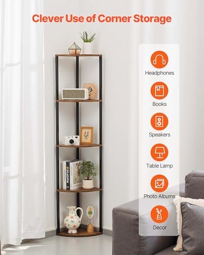 VEVOR 5 Tier Corner Shelf with LED Light, 64" Tall Corner Bookshelf with Storage Shelves for Collectibles, Display Shelf with Multi-Color Lights Controlled Via RC/APP for Bedroom, Living Room, Office