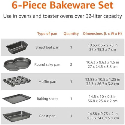 Amazon Basics 6 Piece Nonstick Carbon Steel Bakeware Set with Cake, Muffin, Cookie, and Loaf Pans, Easy Release, Oven Safe, 16.25 x 11.75 x 6.25 inches