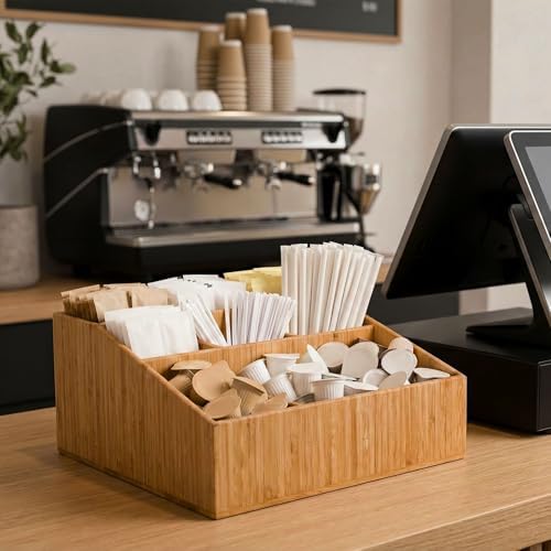 Restaurantware-11.75 x 5.5 Inch Coffee Condiment Organizer, 1 Square Creamer Organizer - 9 Compartments, Break-Resistant, Bamboo Coffee Accessory Caddy, Won't Chip, For Sugar Packets And Creamers