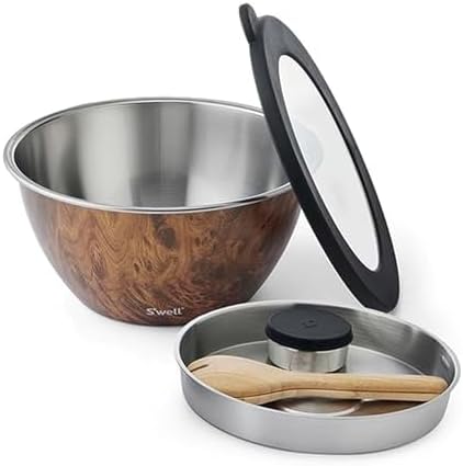 S'well Stainless Steel Salad Bowl Kit XL 184oz, Teakwood, Includes 5oz Canister For Dressing, Serving Utensils, and Removable Tray, Leakproof, Easy to Clean, Dishwasher and Refrigerator Safe