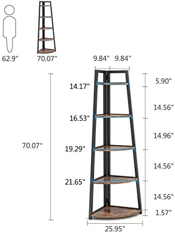 Tribesigns 70 inch Tall Corner Shelf, 5 Tier Rustic Corner Bookshelf Bookcase Industrial Corner Ladder Shelf Plant Stand for Living Room, Kitchen, Home Office (Brown)