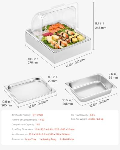VEVOR Countertop Food Serving Display Container, 1 x 1/2 Pan Stainless Steel Food Serving Tray, Buffet Condiment Dispenser Display Rack with Clear Lid & Ice Tray, for Restaurant Hotel Kitchen Party