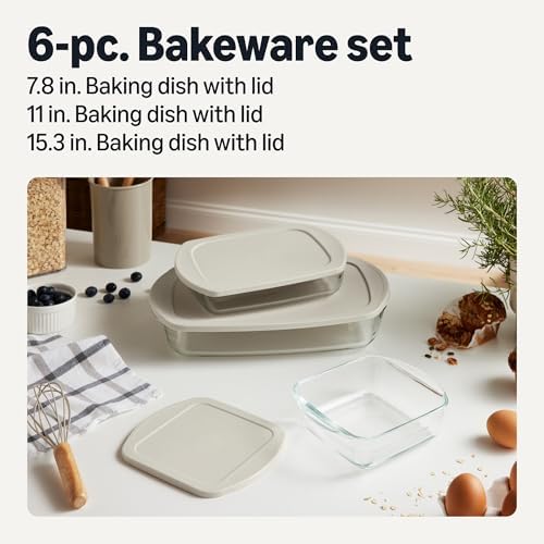 Amazon Basics Glass Baking Dishes with BPA-Free Lids, 6-Piece Bakeware Set, Borosilicate Glass, Oven-Safe up to 752°F, Non-Slip and Stackable, Dishwasher-Safe, Linen Gray