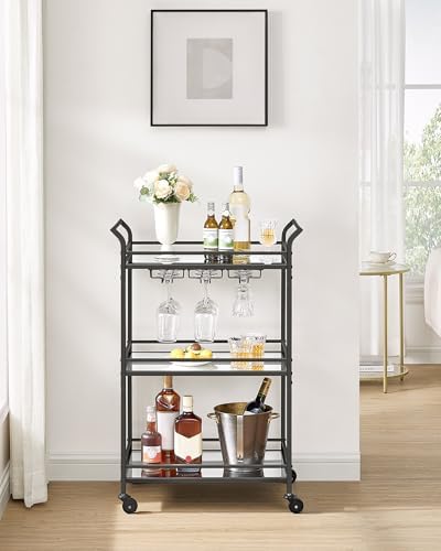 VASAGLE Bar Cart Black, Large Home Bar Serving Cart with 3-Tier