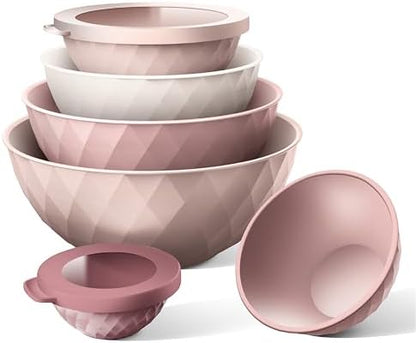COOK WITH COLOR Mixing Bowls with Lids - 12 Piece Plastic Nesting Bowls Set includes 6 Prep Bowls and 6 Lids, Microwave Safe Mixing Bowl Set, Pink Diamond