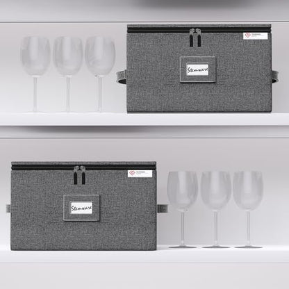 YearningHome Wine Glass Storage Box with Dividers,Hard Shell and Stackable Stemware Storage Containers with Sturdy Handle for Glassware Crystal Storage and Transport,Grey,Holds 12