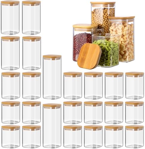Qinyoung 24 Pcs Glass Storage Jars Airtight Bamboo Lids Glass Food Containers, 4 Sizes (0.5/0.6/0.8/1 Qt) Clear Square Pantry Organization Stackable for Pasta Candy Cookie Kitchen Food Cereal Coffee