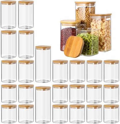 Qinyoung 24 Pcs Glass Storage Jars Airtight Bamboo Lids Glass Food Containers, 4 Sizes (0.5/0.6/0.8/1 Qt) Clear Square Pantry Organization Stackable for Pasta Candy Cookie Kitchen Food Cereal Coffee