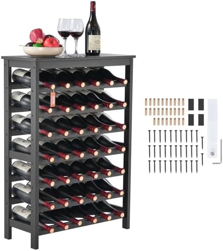 VEVOR 42 Bottle Modular Wine Rack, 7-Tier Solid Bamboo Wood Storage Racks with Table Top, Floor Freestanding Wines Holder Display Shelf, Wobble-Free Shelves for Kitchen, Bar, and Cellar (Black)