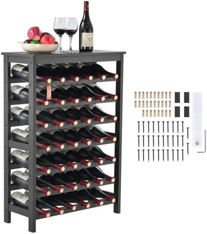VEVOR 42 Bottle Modular Wine Rack, 7-Tier Solid Bamboo Wood Storage Racks with Table Top, Floor Freestanding Wines Holder Display Shelf, Wobble-Free Shelves for Kitchen, Bar, and Cellar (Black)