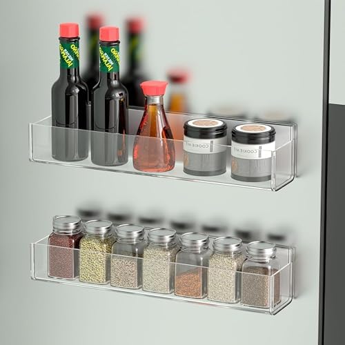 PMMASTO Adhesive Acrylic Spice Rack Organizer for Wall with Nano Double Sided Tape, Spice Shelf Organization for Kitchen Cabinet Door/Pantry Door, Wall Mount Seasoning Rack (Clear-2 Pack)