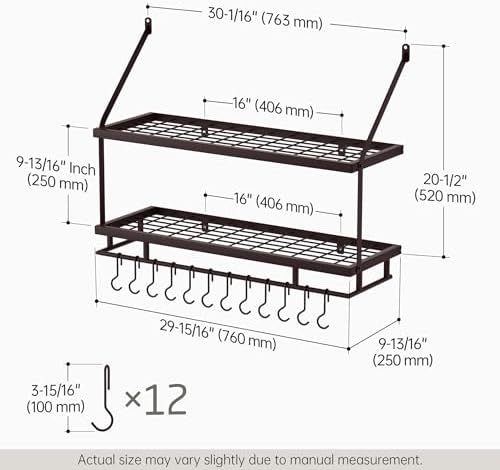 KES 30-Inch Oiled Bronze Pot Rack Wall Mounted, 100 Lbs Capacity, 12 Hooks