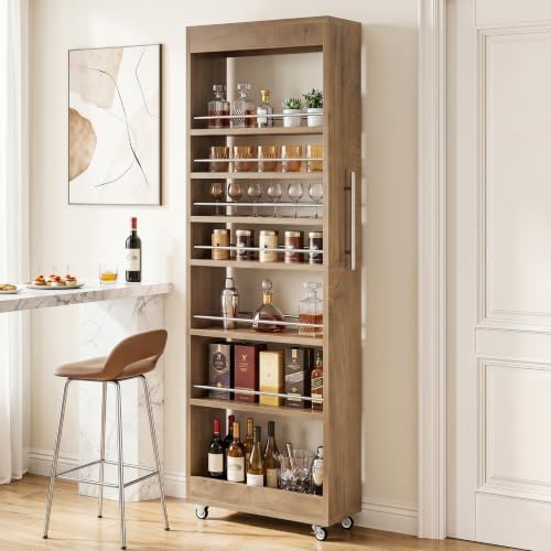 Tribesigns 73" Tall Slim Storage Cart on Rubber Wheels, 7-Tier Narrow Pantry Cabinet, Rolling Skinny Spice Rack Organizer Next to Fridge, Wooden Pull-Out Storage Shelf for Kitchen Small Spaces, Brown
