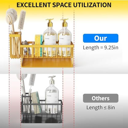 Cisily Lemon Yellow Sink Caddy Organzier with High Brush Holder, Sponge Holder for Sink, 304 Rustproof Stainless, Kitchen Countertop Soap Dispenser Organizer, Lemon Kitchen Decor and Accessories