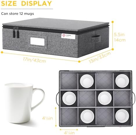 YearningHome Cup and Mug Storage Boxes with Dividers,Hard Shell Coffee Mug Organizer with Lid,Handles,Zips and Label Window for Coffee Mugs,Tea Cups,Packing and Moving,Hold 12,1 Pack, Grey