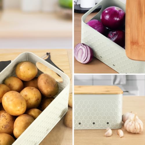 Kitchen Vegetable Storage Set of 3, Metal Onion Garlic Potato Storage Set, Kitchen Canisters Vegetable Keeper Containers with Aerating Holes and Bamboo Lid,Embossed Beige