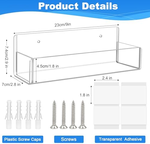 Acrylic Spice Rack Wall Mount-9 Inch, Clear Spice Shelf Storage Holder, 4 Pack Hanging Seasoning Rack Organizer for Cabinet Door, Cupboard or Wall Kitchen (Adhesive or Screw)