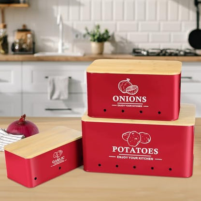 Kitchen Vegetable Storage Set of 3, Metal Onion Garlic Potato Storage Set, Kitchen Canisters Vegetable Keeper Containers with Aerating Holes and Bamboo Lid，Red