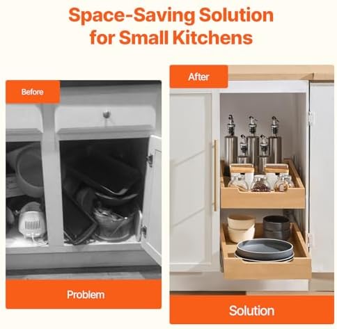 VEVOR 2 Tier Pull Out Cabinet Organizer, 14" W x 21" D Cabinet Drawer, Soft Close Slide out Shelf, Heavy-Duty Sliding Wood Drawer, Adjustable Base Cabinet Organization for Kitchen Pantry Bathroom