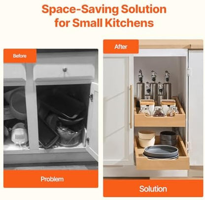 VEVOR 2 Tier Pull Out Cabinet Organizer, 14" W x 21" D Cabinet Drawer, Soft Close Slide out Shelf, Heavy-Duty Sliding Wood Drawer, Adjustable Base Cabinet Organization for Kitchen Pantry Bathroom